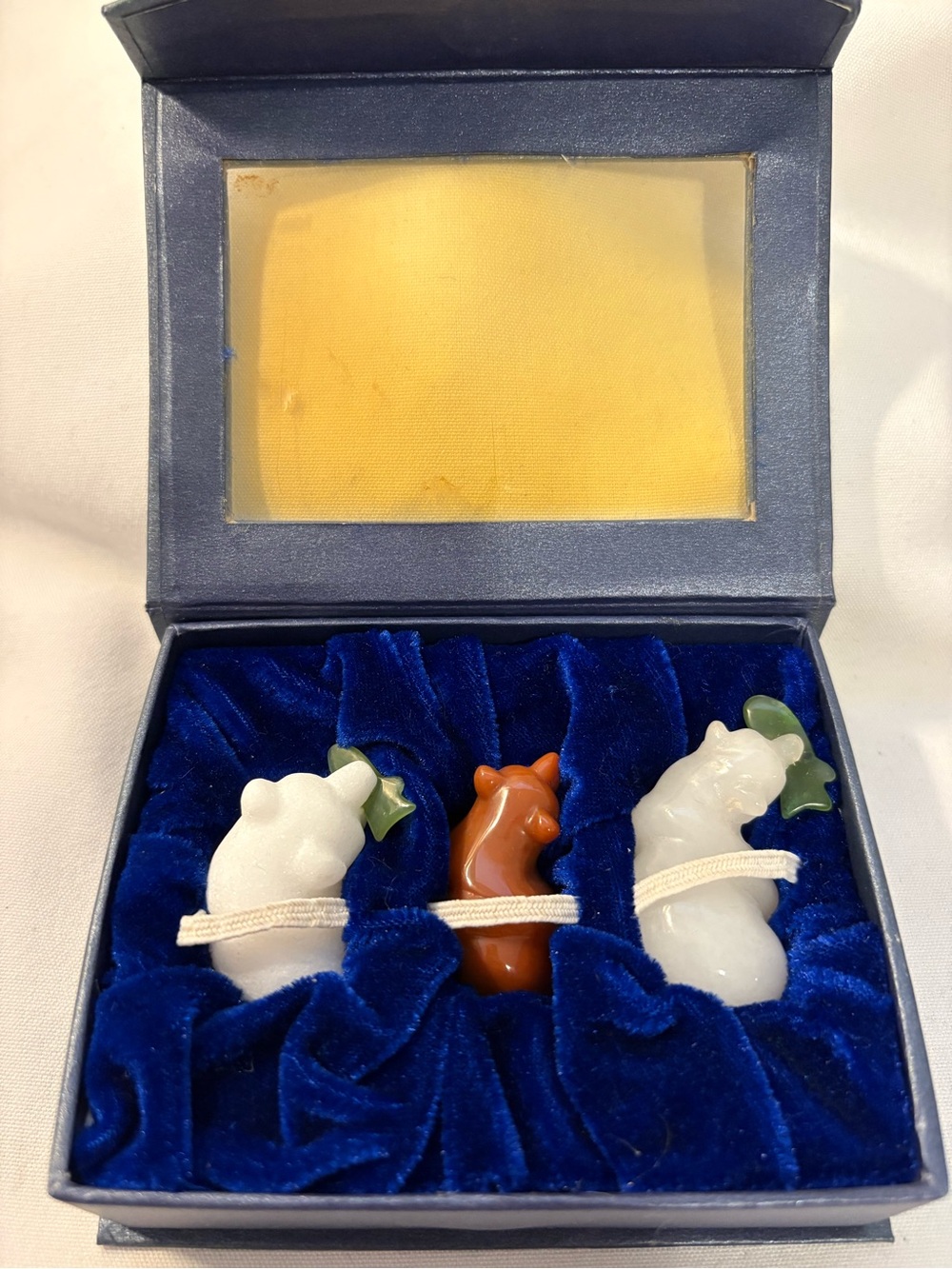 Carved set of 3 three bears with Jade fish